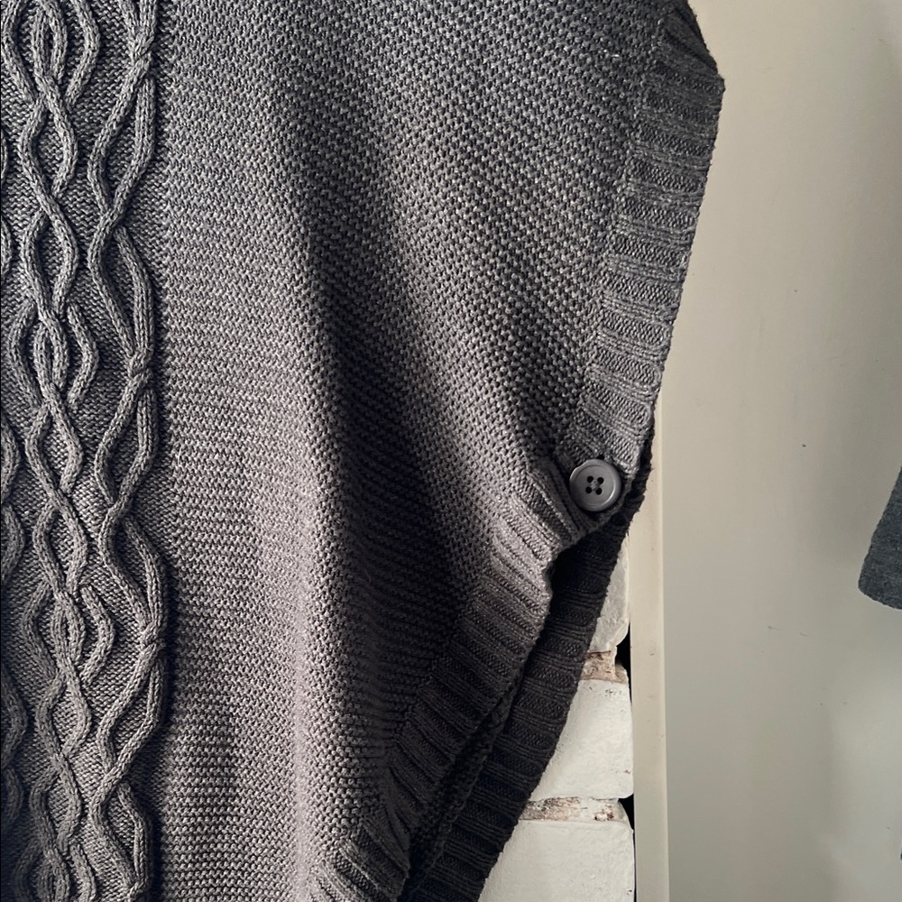 Dark grey Cable-Knit Shawl Collar Sweater Poncho with side buttons - Picture 7 of 11